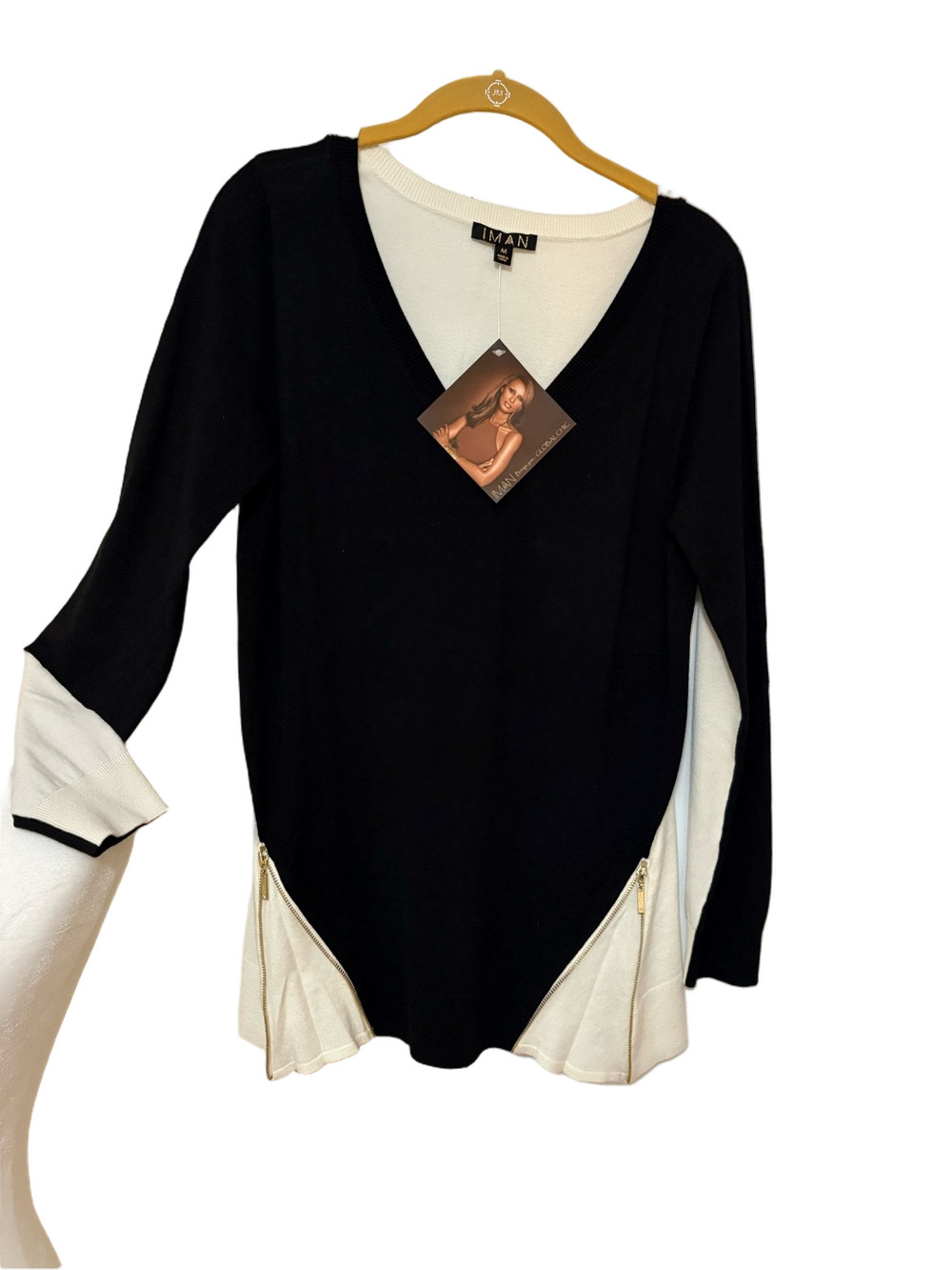 IMAN Black V‑Neck Sweater with Cream Inset